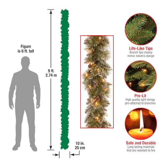 9' x 10" Pre-lit Glittery Bristle® Pine Artificial Christmas Garland with White Tipped Cones and 50 Clear Lights